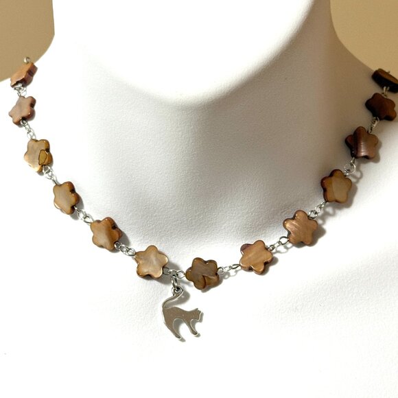 Caramel Mother of Pearl Flower Beaded Short Necklace + Cute Slim Cat Pendant - Picture 2 of 13